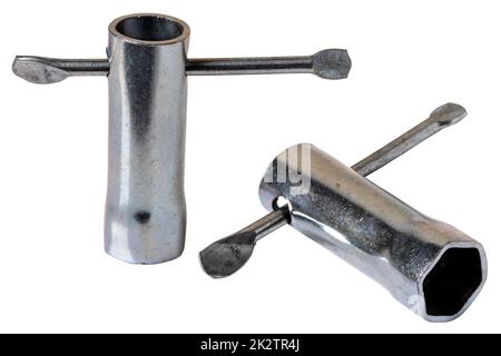 Craftsman tools isolated. Close-up of a hexagonal metal socket spanner for tightening or loosening screws in two views isolated on white background. Clipping path. Macro Stock Photo