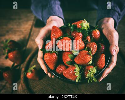 Crop anonymous person showing bowl of ripe strawberries in kitchen Stock Photo