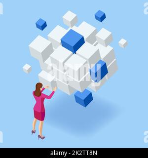 Isometric financial technology, cloud computing, distribution, mining pool concept. Cubes. Big Data Cube Quantum Computer Server Stock Vector
