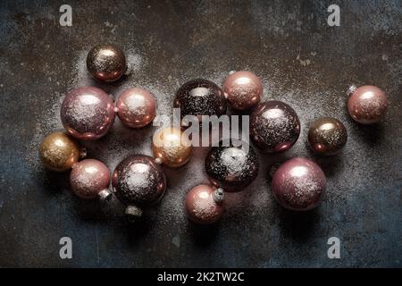 Colorful Christmas baubles on dark table Stock Photo
