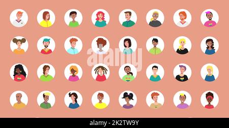 Set of 32 circled avatars with the faces of young people. Image of different different races and nationalities, women and men. Set of user profile icons. Round badges with happy people - Vector Stock Photo