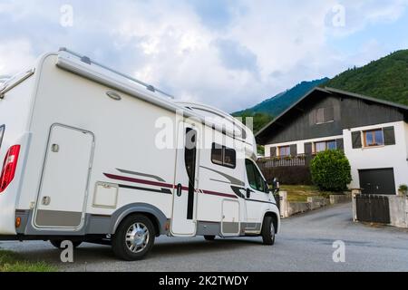 Chamonix, france - august 2022: Motorhome parked until the next holidays with the arrival of winter. Stock Photo