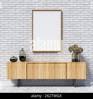 Mock up poster frames with brick wall and simple decorations Stock Photo