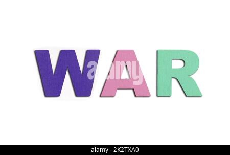 WAR, word written in colorful wooden alphabet letters on red background. The concept of a military conflict Stock Photo