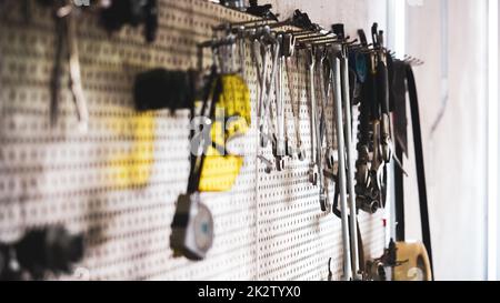 Kit of tools in mechanic garage car service Stock Photo