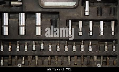 Close up of a box with tools in garage Stock Photo