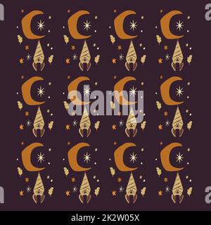 Moon and bat boho Halloween, beautiful pattern, postcard decoration Stock Vector
