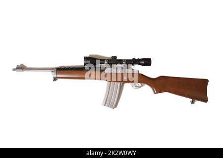 Vintage Semi Automatic Rifle With Scope and Magazine Isolated on White Stock Photo