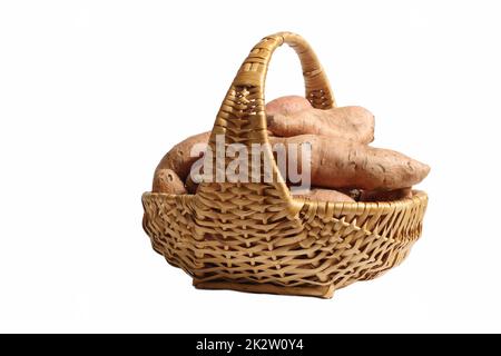 Basket of Sweet Potatoes Isolated on White Background Stock Photo