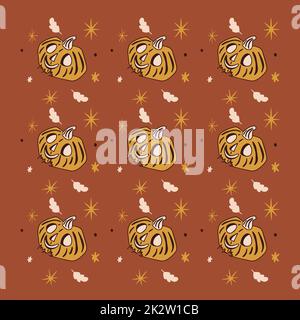 Pumpkin with leaves and stars boho halloween, beautiful pattern, card decoration Stock Vector