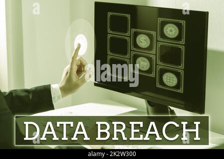 Text showing inspiration Data Breach. Business showcase security incident where sensitive protected information copied -47380 Stock Photo