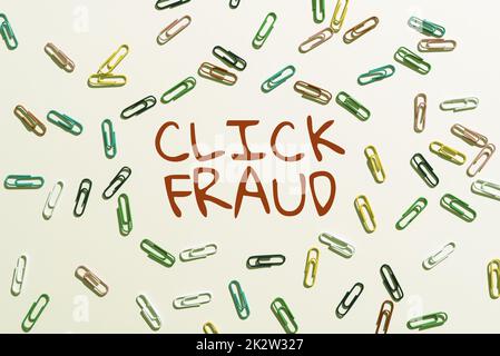 Text showing inspiration Click Fraud. Business concept practice of repeatedly clicking on advertisement hosted website -47369 Stock Photo