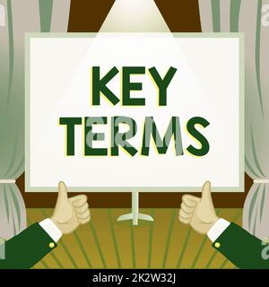 Inspiration showing sign Key Terms. Business overview Words that can help a person in searching information they need Hands Thumbs Up Showing New Ideas. Palms Carrying Note Presenting Plans Stock Photo