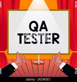 Text showing inspiration Qa Tester. Internet Concept Quality assurance of an on going project before implementation Hands Thumbs Up Showing New Ideas. Palms Carrying Note Presenting Plans Stock Photo