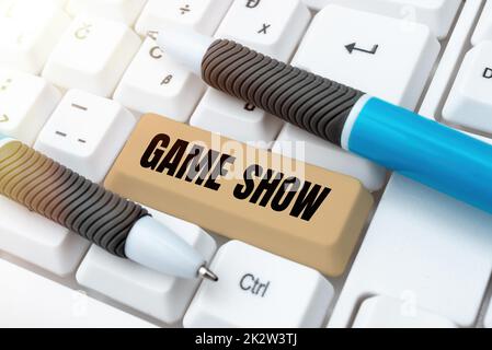 Handwriting text Game Show. Word Written on Program in television or radio with players that win prizes Hands Thumbs Up Showing New Ideas. Palms Carrying Note Presenting Plans Stock Photo