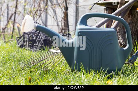 Blue plastic pot for watering in the garden. Can water. Watering can for flowers on the street, in the garden or garden on a warm summer sunny day. Stock Photo