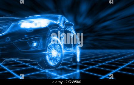 Modern SUV car open headlamp parked on dark background in futuristic vehicle concept. Future transportation. Futuristic autonomous car. Driverless autonomous vehicle. Self-driving car technology. Stock Photo