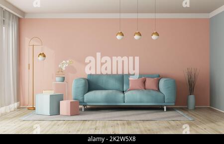 Modern living room interior with sofa on empty pastel color wall Stock Photo