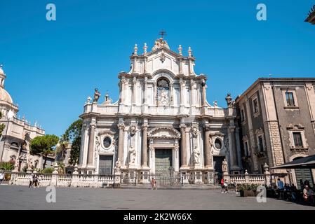 Facade of Catania cathedral in city with blue sky in background during summer Stock Photo