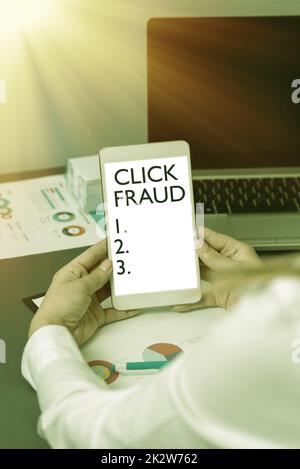 Text showing inspiration Click Fraud. Business showcase practice of repeatedly clicking on advertisement hosted website -47789 Stock Photo