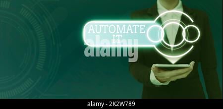 Inspiration showing sign Automate It. Word Written on convert process or facility to be operated automatic equipment. Businessman in suit holding open palm symbolizing successful teamwork. Stock Photo