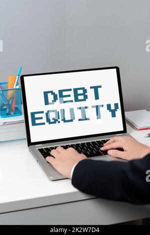 Text showing inspiration Debt Equity. Business showcase dividing companys total liabilities by its stockholders -47544 Stock Photo