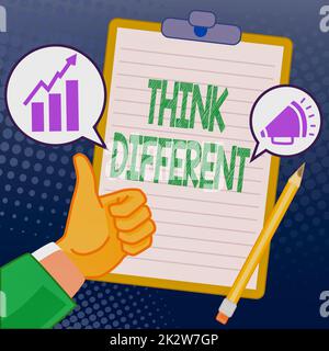 Sign displaying Think Different. Business approach be unique with your thoughts or attitude Wind of change Hands Thumbs Up Showing New Ideas. Palms Carrying Note Presenting Plans Stock Photo