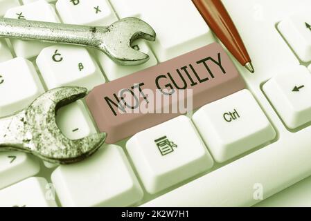 Text caption presenting Not Guilty. Internet Concept someone is innocent didnt commit specific crime He free -48634 Stock Photo