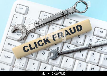 Text showing inspiration Click Fraud. Business concept practice of repeatedly clicking on advertisement hosted website -48771 Stock Photo