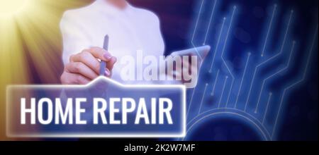 Inspiration showing sign Home Repair. Word Written on maintenance or improving your own house by yourself using tools Lady in suit holding pen symbolizing successful teamwork accomplishments. Stock Photo