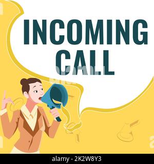 Text caption presenting Incoming Call. Word for Inbound Received Caller ID Telephone Voicemail Vidcall Female leader holding a megaphone expressing encouraging ideas. Stock Photo