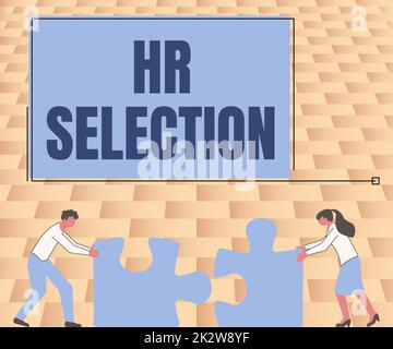 Writing displaying text Hr Selection. Business overview Process and approached by human resources when hiring employees Colleagues Conencting Two Pieces Jigsaw Puzzle Together Showing Teamwork. Stock Photo