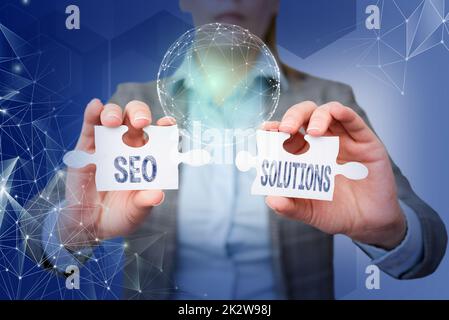 Writing displaying text Seo Solutions. Business idea Search Engine Result Page Increase Visitors by Rankings Lady in suit holding puzzle piece symbolizing global innovative thinking. Stock Photo