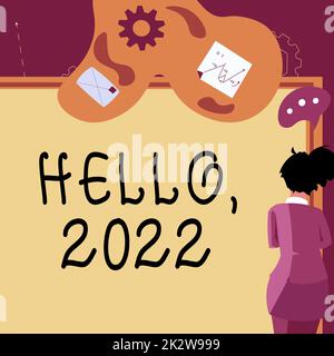 Text caption presenting Hello 2022. Concept meaning expression or gesture of greeting answering the telephone Businesswoman presenting business proposal and updates on board. Stock Photo