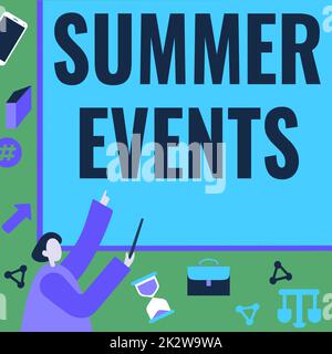 Conceptual caption Summer Events. Business approach Celebration Events that takes place during summertime Businessman Pointing Fingerpresentation Board Representing Planning Projects. Stock Photo