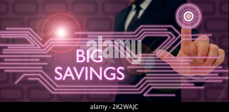 Conceptual display Big Savings. Conceptual photo income not spent or deferred consumption putting money aside -48762 Stock Photo