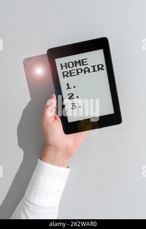 Text showing inspiration Home Repair. Word Written on maintenance or improving your own house by yourself using tools Businessman in suit holding tablet symbolizing successful teamwork. Stock Photo