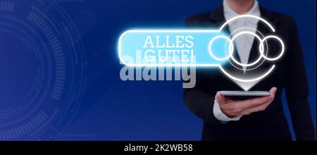 Handwriting text Alles Gute. Concept meaning german translation all the best for birthday or any occasion Businessman in suit holding open palm symbolizing successful teamwork. Stock Photo