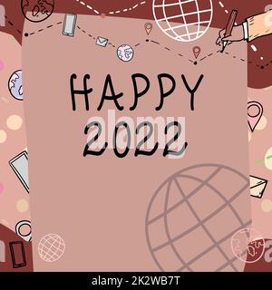 Text showing inspiration Happy 2022. Business idea time or day at which a new calendar year begin from now Plain Whiteboard With Hand Drawing Guide Line For Steps Over World Globe. Stock Photo