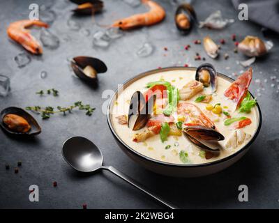 New England clam chowder, occasionally referred to as Boston or Boston-style Clam Chowder. Creamy soup with shrimp, corn, bacon and mussels Stock Photo