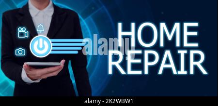 Conceptual display Home Repair. Word Written on maintenance or improving your own house by yourself using tools Lady in suit holding pen symbolizing successful teamwork accomplishments. Stock Photo