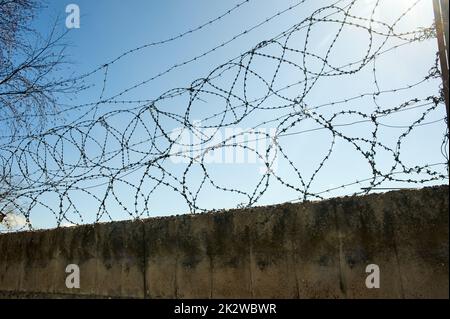 Barbed wire on a blue sky background. Stock Photo