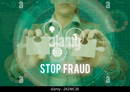Hand writing sign Stop Fraud. Word for campaign advices showing to watch out thier money transactions Lady in suit holding two puzzle pieces representing innovative thinking. Stock Photo