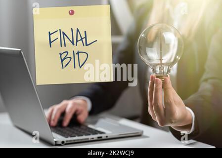 Handwriting text Final Bid. Concept meaning The decided cost of an item which is usualy very expensive Businessman Talking Through Megaphone Making Wonderful New Announcement Stock Photo