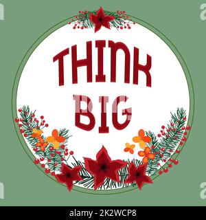 Conceptual caption Think Big. Word for To plan for something high value for ones self or for preparation Blank Frame Decorated With Abstract Modernized Forms Flowers And Foliage. Stock Photo