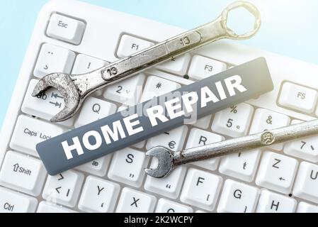 Hand writing sign Home Repair. Word Written on maintenance or improving your own house by yourself using tools Lady in suit holding pen symbolizing successful teamwork accomplishments. Stock Photo