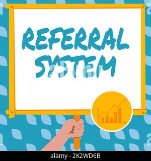 Text caption presenting Referral System. Business concept sending own patient to another physician for treatment Hand Holding Panel Board Displaying Latest Financial Growth Strategies. Stock Photo