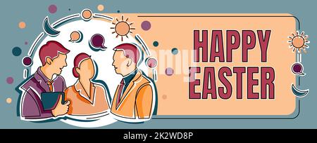Hand writing sign Happy Easter. Conceptual photo Christian feast commemorating the resurrection of Jesus Colleagues Sharing Thoughts Together With Speech Bubbles And Assorted S Stock Photo
