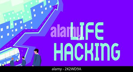 Writing displaying text Life Hacking. Business overview Simple and clever techniques in accomplishing task easily A group of businessmen riding a bus going toward success and growth. Stock Photo