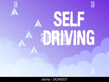 Handwriting text Self Driving. Business showcase Autonomous vehicle Ability to navigate without human input Five paper airplanes flying up sky surrounded with clouds achieving goals. Stock Photo